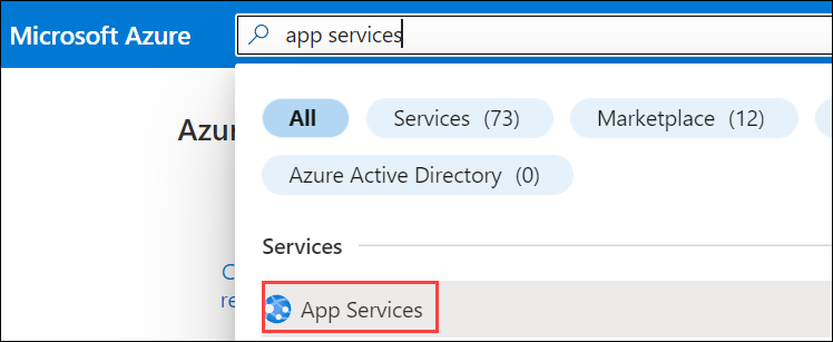Snímek obrazovky s hledáním aplikačních služeb na webu Azure Portal